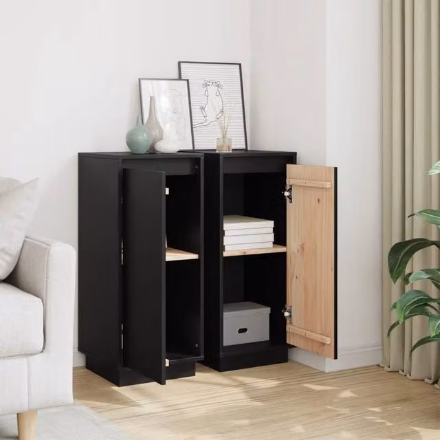 Berkfield Home Set of 2 Black Solid Wood Pine Sideboards, W/D/H: 31.5 x 34 x 75 cm