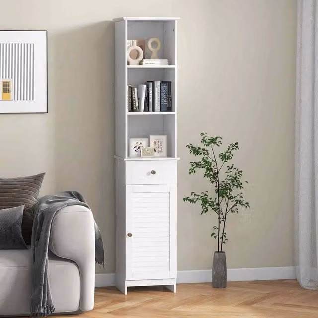 FORGEVIO White Modern Freestanding Bathroom Space Saver Storage Cabinet with Hinged Doors and Internal Shelves – 1