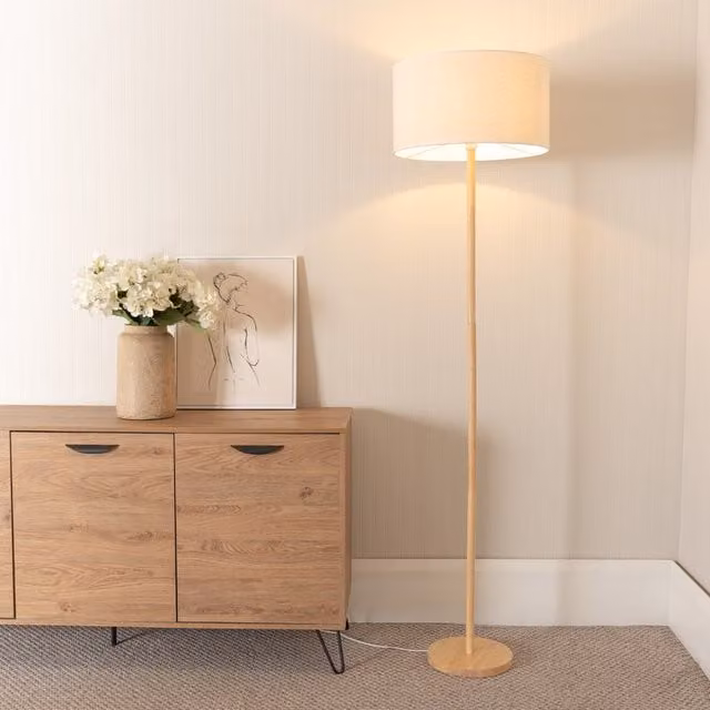 ValueLights Heather Scandinavian Wood Floor Lamp with White Fabric Cylinder Shade
