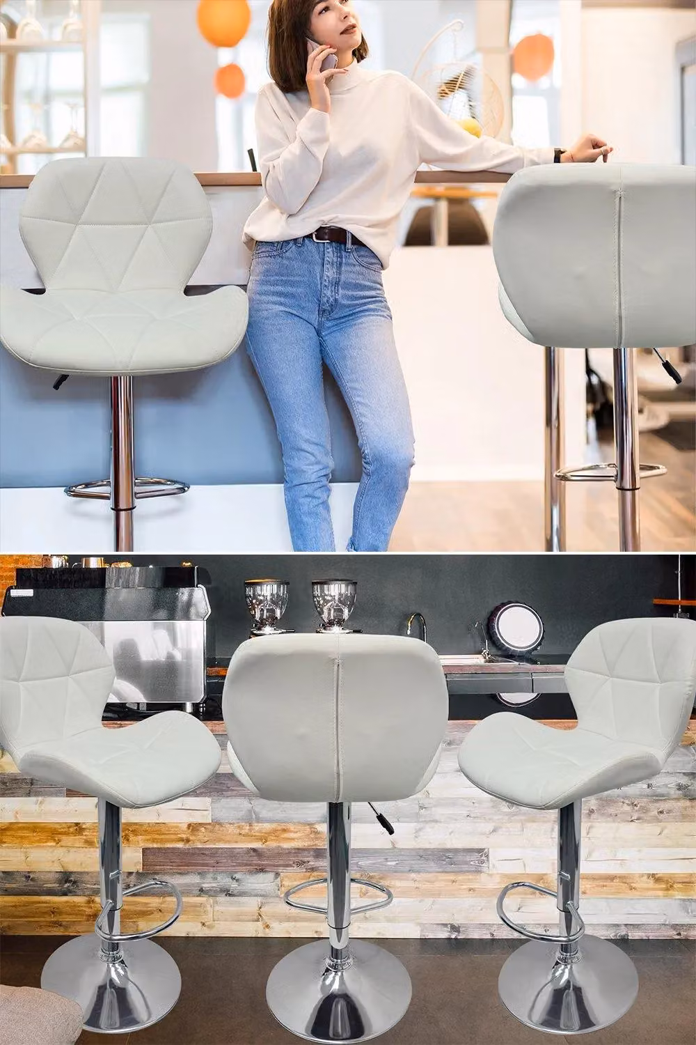 Neel Blue Modern Swivel Barstool with Height Adjustable PU Leather Upholstery in Blue and White – 2