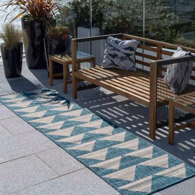 The Rug House Blue and Grey Geometric Flatweave Indoor Outdoor Rug, W: 240 cm, D: 60 cm