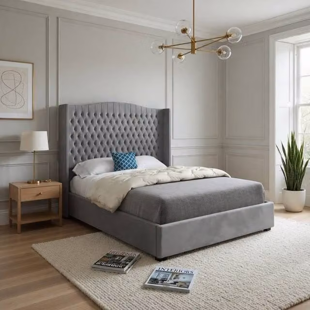Casani Rousdon Winged Upholstered Grey Velvet Designer Bed Frame, W: 140 cm x L: 200 cm – 1