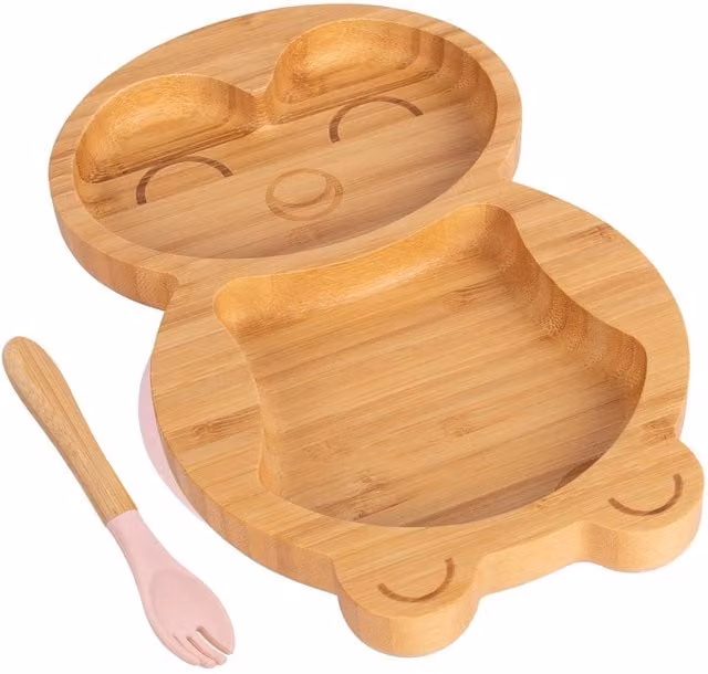 Tiny Dining Bamboo Divided Toddler Weaning Plate and Fork Set with Penguin Design in Baby Pink