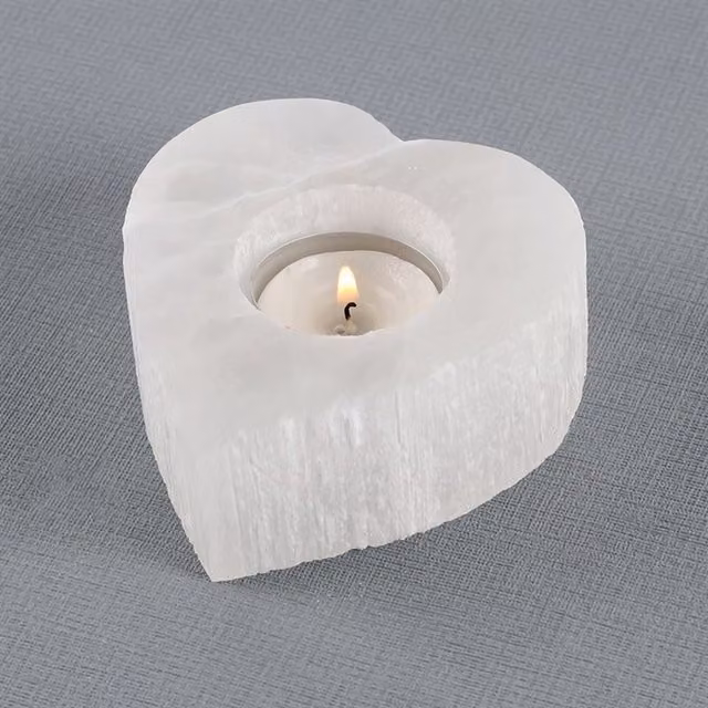 KDMK White Selenite Heart-Shaped Stone Tealight Candle Holder