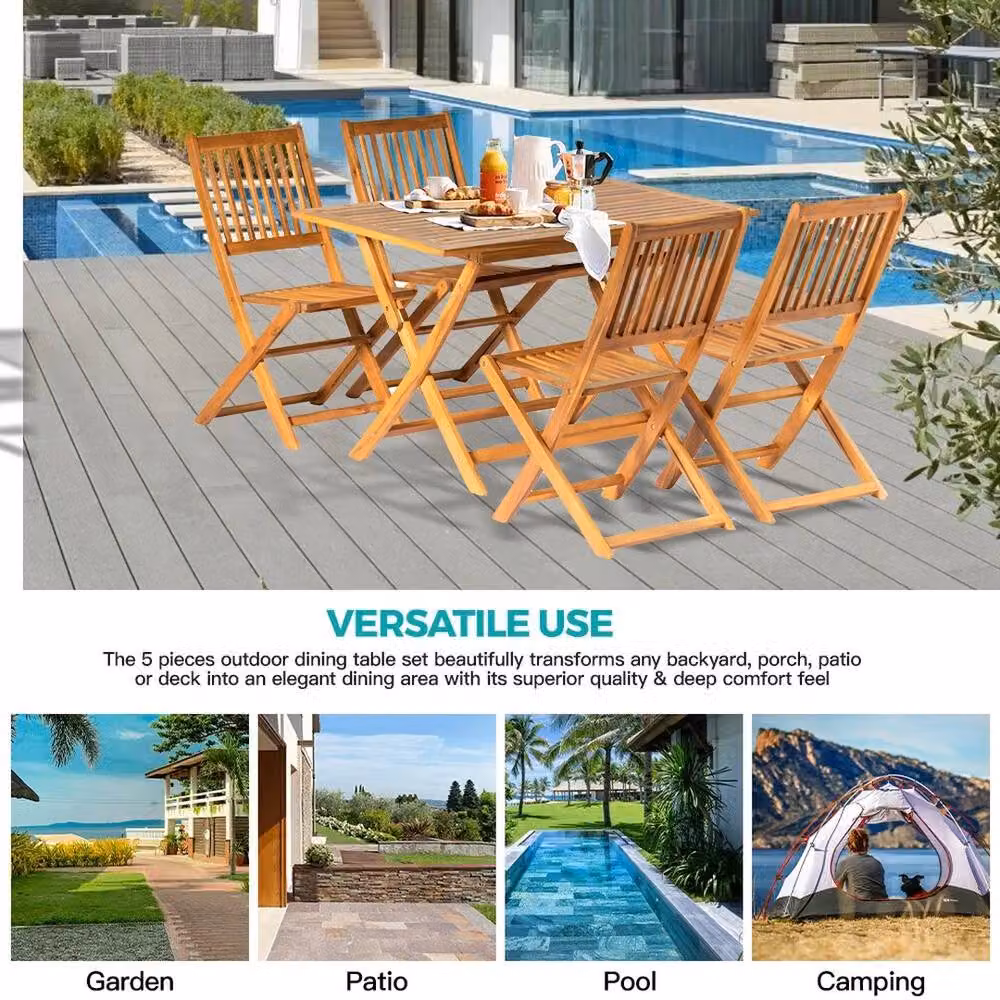 KORVIXA 5-Piece Acacia Wood Outdoor Dining Set in Brown, W/D/H: 100 x 100 x 100 cm – 2