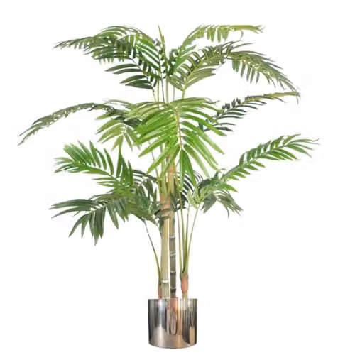 Leaf Realistic Artificial Areca Palm Tree in a Silver Metal Planter, Green, Height: 120 cm