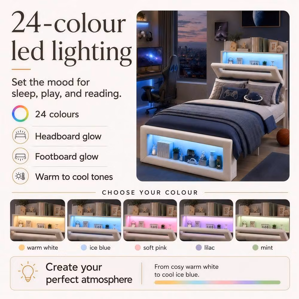 Merax Single Velvet Upholstered Bed Frame in Beige with LED Under-Bed Lighting and Side Compartments, W/D/H: 90 x 190 x 124 cm – 4