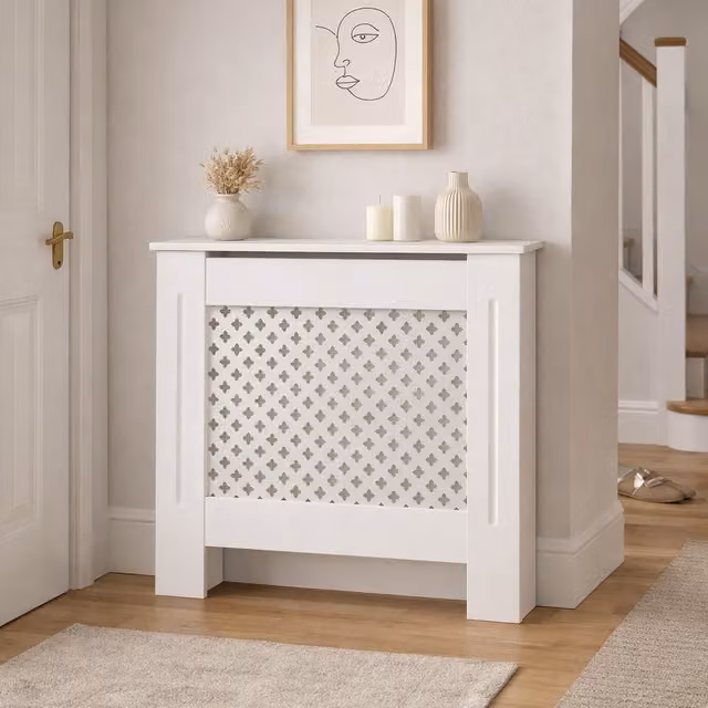 Home Treats White MDF Wooden Radiator Cover with Geometric Lacquered Design, Width: 78 cm