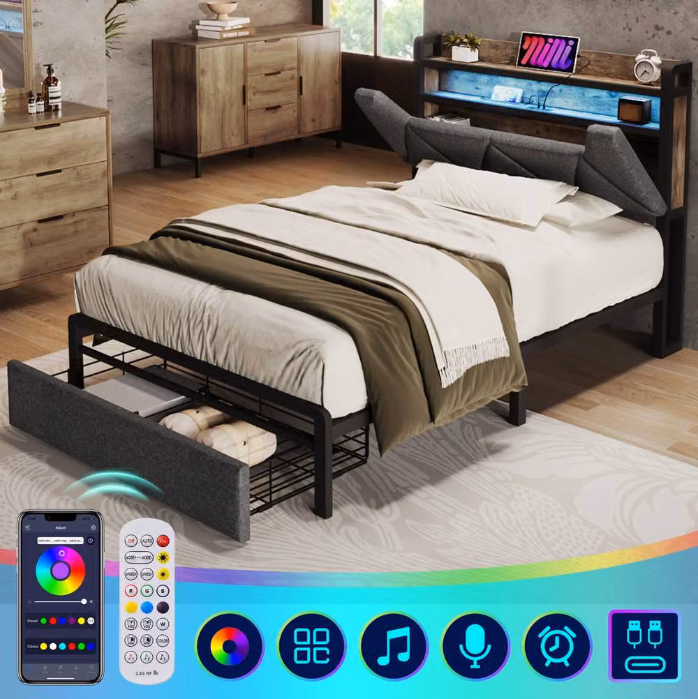 STILVORA Single Bed Frame with LED Lighting, USB Charging Port and Storage Drawers in Grey, W/D/H: 90 x 190 x 110 cm – 6