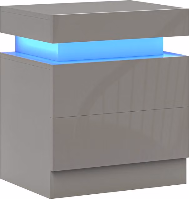 HOMCOM Grey High Gloss Bedside Table with Integrated LED Light and 2 Drawers