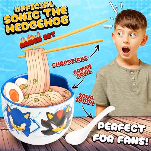 Get Trend Sonic the Hedgehog Ramen Bowl Set, Multicolour Ceramic Bowl with Spoon and Bamboo Chopsticks, 600ml – 2