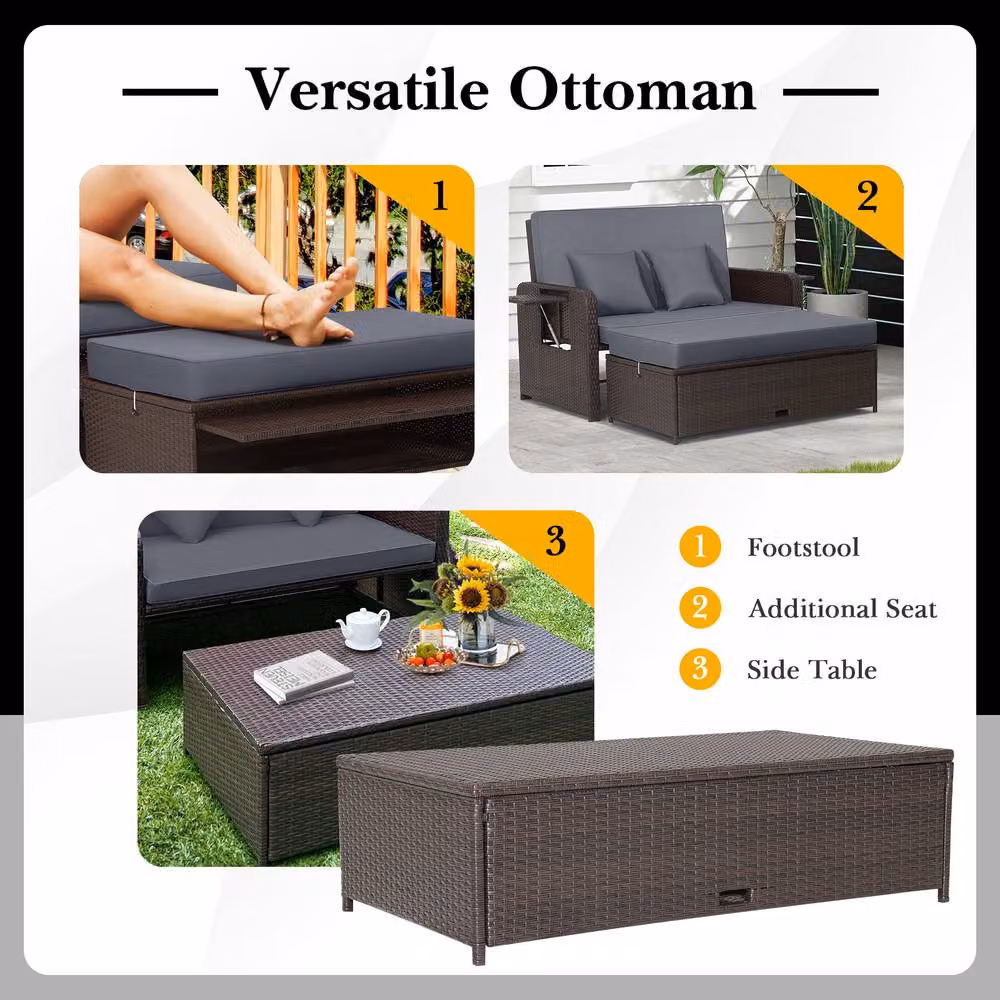 Costway Grey Polyrattan Patio Daybed Set with Loveseat Sofa, Ottoman and Side Tray – 6