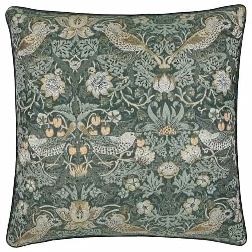 Morris & Co. Strawberry Thief Feather Rich Filled Cushion, Jacquard Velvet Floral Pillow in Green, W/D/H: 55 x 55 x 55 cm