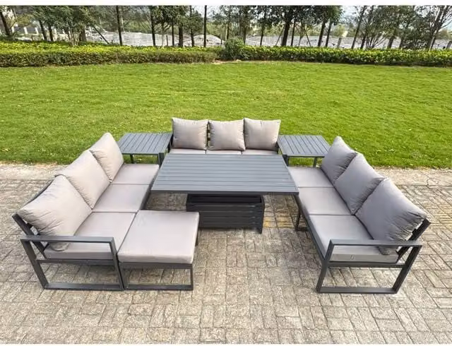 Fimous 10-Seater U-Shaped Aluminium Dining Set with Height-Adjustable Lifting Table in Matt Dark Grey