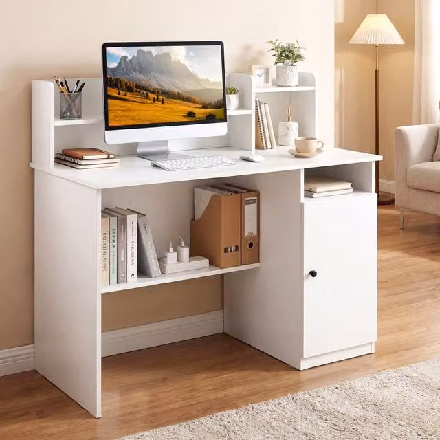 Gymax Modern White Computer Desk with Storage Cabinet and Monitor Stand for Home Office
