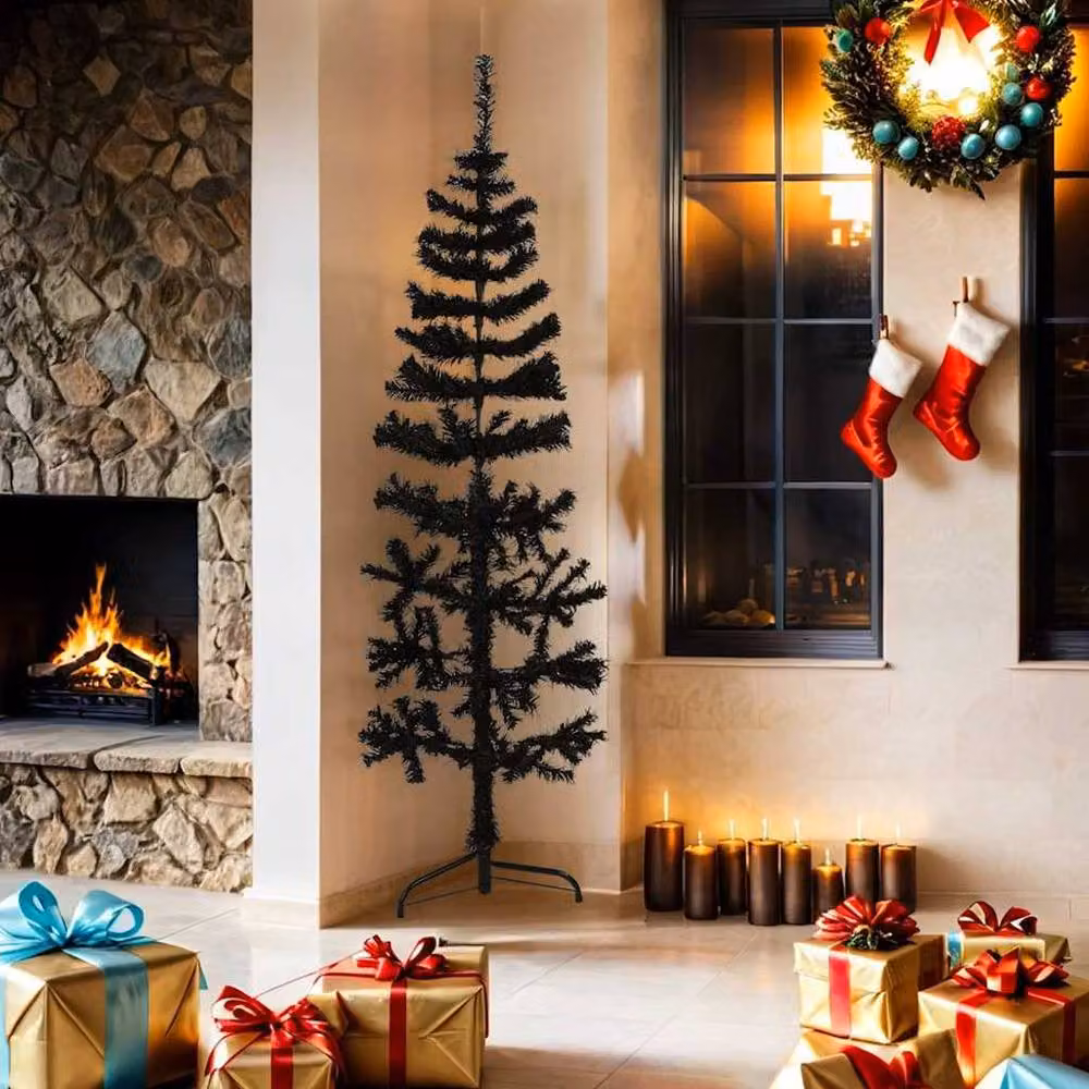 Berkfield Home Slim Artificial Half Christmas Tree with Stand, Black, Height: 180 cm – 3