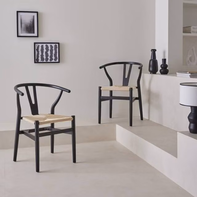 sweeek Pair of Black Beech Wood Dining Chairs with Rope Seats and Armrests – 1