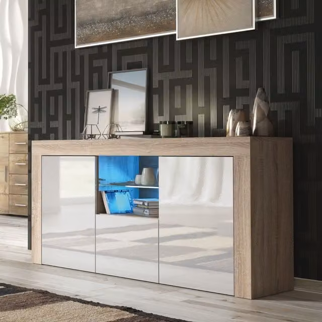 Mex Furniture LTD Modern Glossy Sideboard with LED Lighting in Light Oak, W: 145 cm, H: 70 cm, D: 35 cm – 1