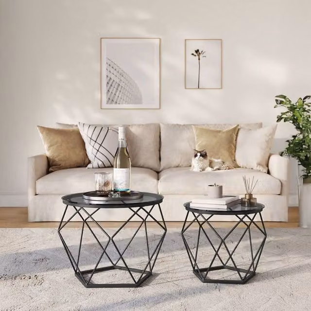 VASAGLE Set of 2 Modern Round Coffee Tables with Glass Tops and Metal Frames in Grey, Transparent and Black