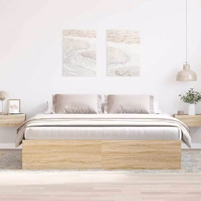 Berkfield Home Modern Sonoma Oak Bed Frame with Drawers in Beige, W/D/H: 200 x 35 x 203 cm