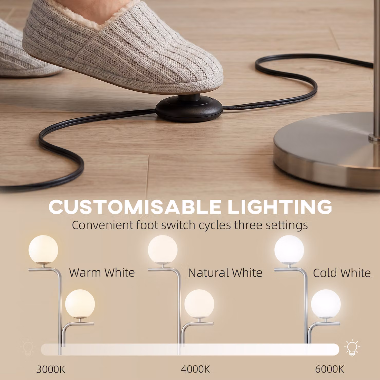 HOMCOM Modern LED Floor Lamp with Silver Tone Metal Base, Globe Glass Shades and Foot Switch – 3