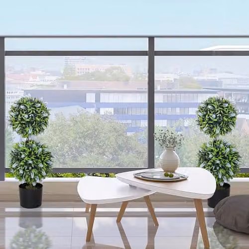 HOMCOM Set of 2 Blue and Green Artificial Floral Ball Trees in Round Concrete and Plastic Pots, Height: 70 cm – 4