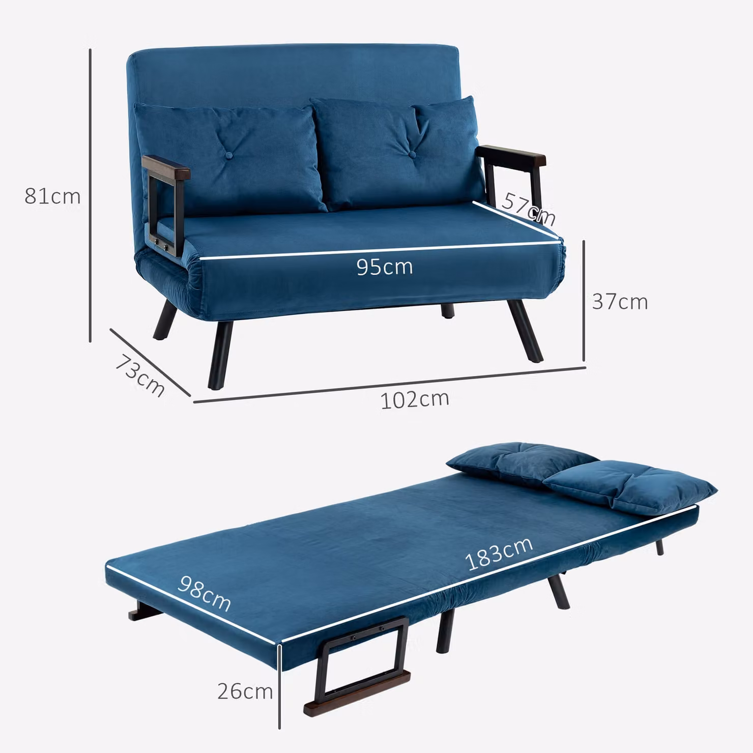 HOMCOM Click Clack Sofa Bed, Convertible 2 Seater Velvet Fabric Couch with 2 Scatter Cushions and Removable Covers, Navy Blue – 3