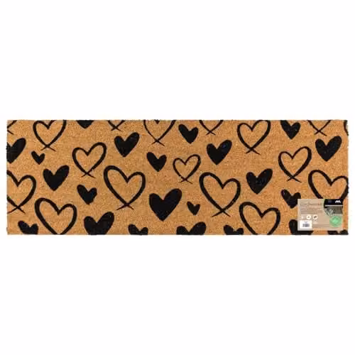 JVL Coir Entrance Doormat Runner with Hearts, Brown, W: 40 cm, L: 120 cm