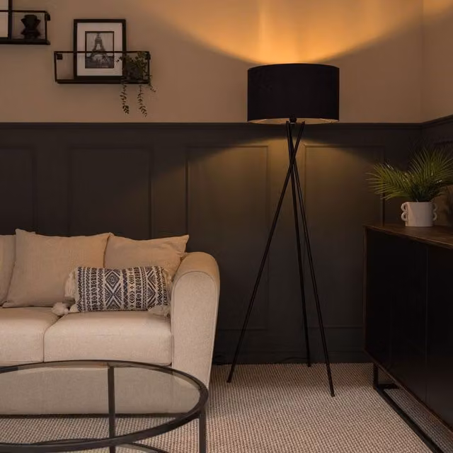 ValueLights Camden Black Metal Tripod Floor Lamp with Navy Blue Fabric Drum Shade, H 154 cm x W 62 cm