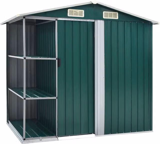 Berkfield Green Garden Shed with Shelving and Sliding Doors, W: 205 cm, D: 130 cm, H: 183 cm