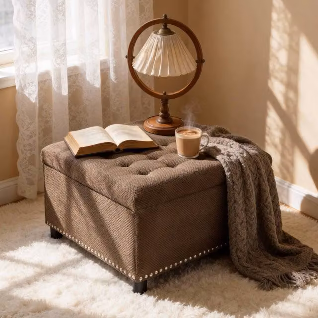 Rolipo Square Storage Ottoman Footstool in Brown with Silver Rivets – 1