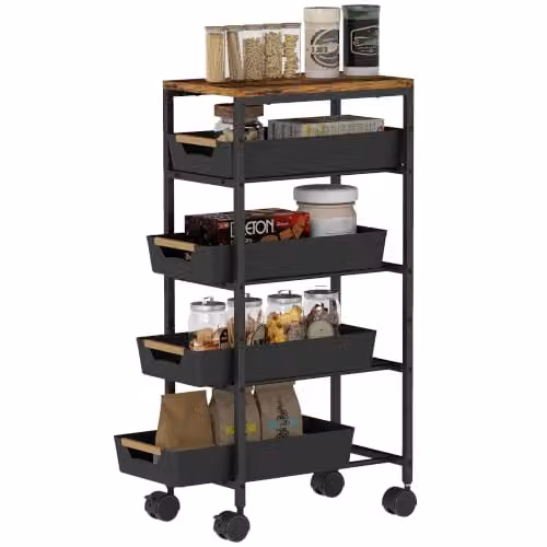 HOMCOM 5-Tier Mobile Storage Trolley with Castors in Black