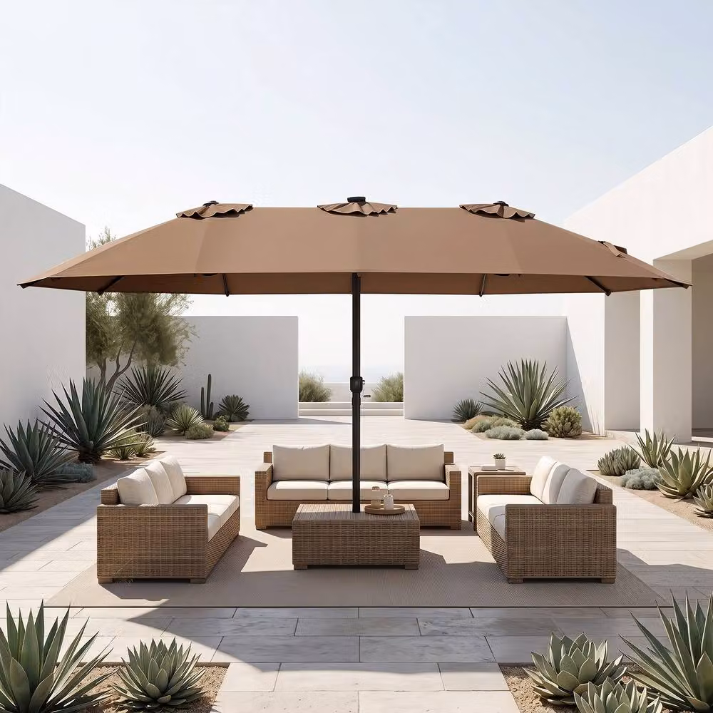 Costway 15ft Double-Sided Cantilever Outdoor Patio Umbrella with 144 Solar LED Lights in Brown, W/D/H: 470 x 457.2 x 254 cm – 2