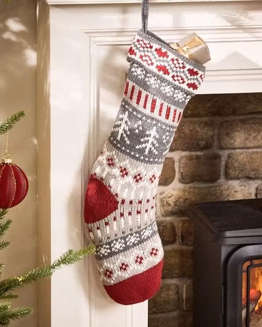 Dibor Set of 4 Grey and Red Fair Isle Nostalgia Knit Christmas Stockings