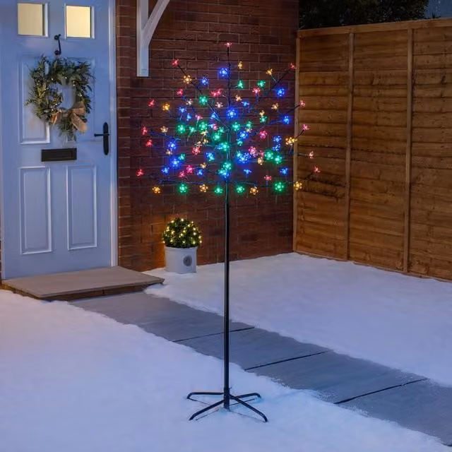 Christow LED Cherry Blossom Tree Christmas Decoration with 96 Multicolour LEDs, Silver, Height: 152.4 cm – 1