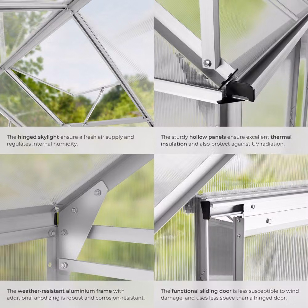 tectake Aluminium Greenhouse with Foundation and Polycarbonate Sliding Windows in Transparent – 3
