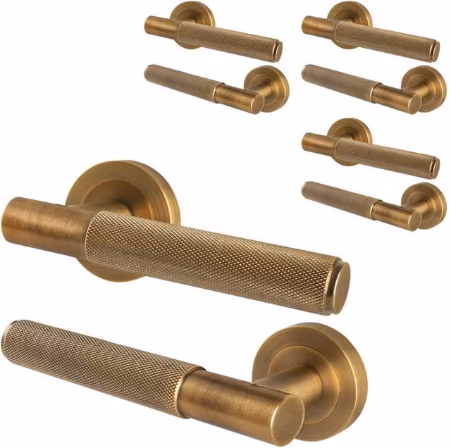 AFIT Antique Brass Knurled Round Rose Internal Door Handles, 4 Pairs, Bronze – 1