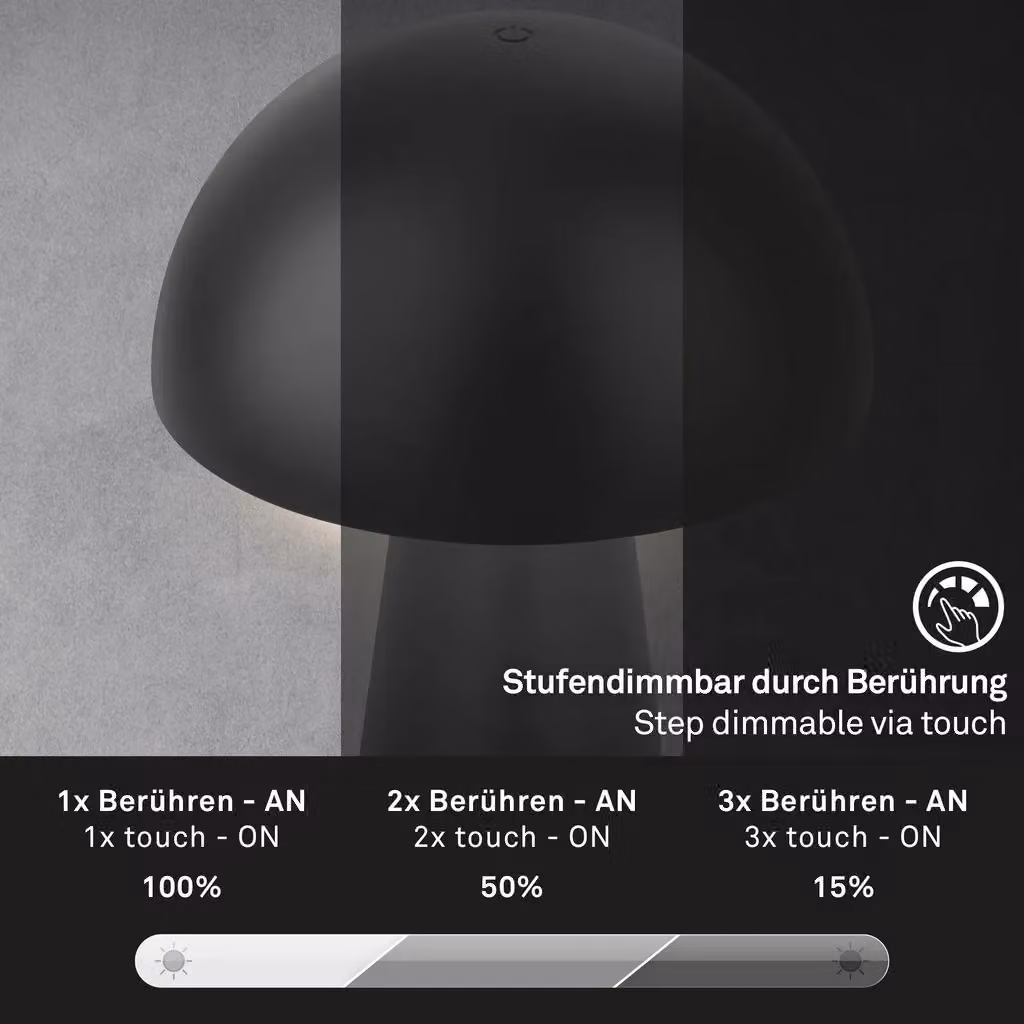 Briloner Rechargeable LED Mushroom Table Lamp, Dimmable Touch Control Wireless Night Light, Matt Black, W/D/H: 28 x 16 x 16 cm – 7