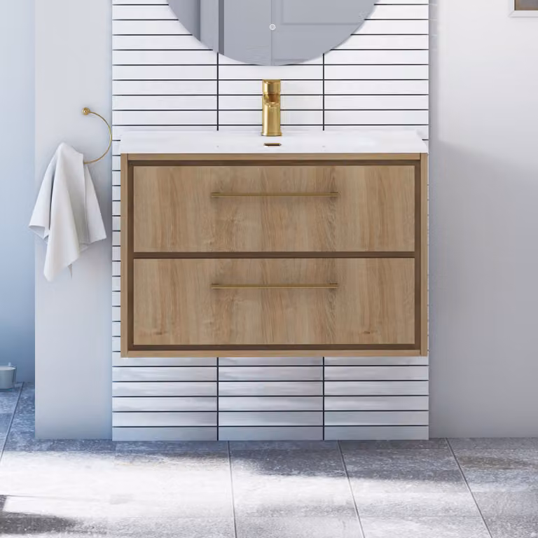 Livora Natural Oak Wall Hung Vanity Unit with 2 Drawers, Ceramic Basin and Brushed Brass Handle