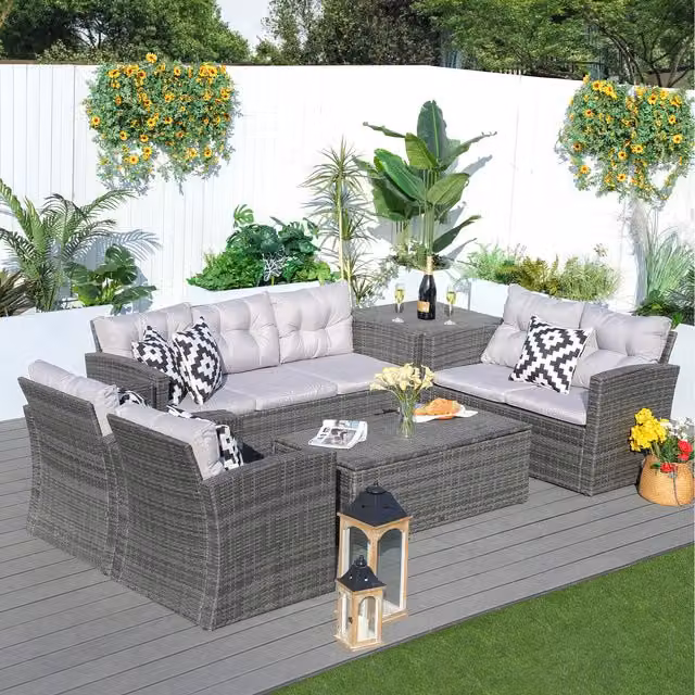 Abrihome 6-Piece Modern Grey Rattan Patio Conversational Sofa Set with Glass Table