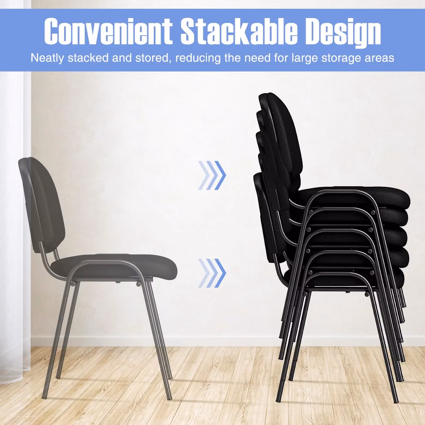 Costway Set of 5 Stackable Black Fabric and Metal Waiting Room Chairs for Home or Office – 5