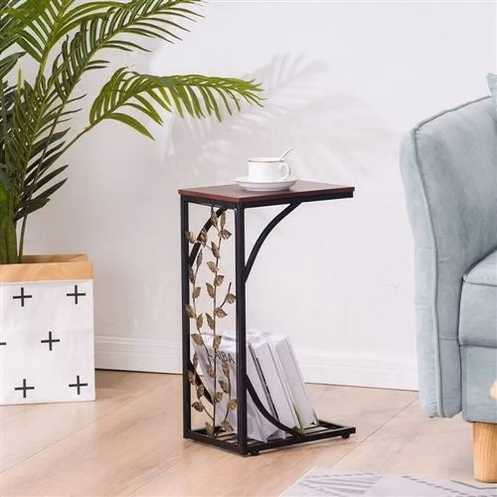 Kelvenix Modern Geometric Wood and Metal Compact Sofa Side End Table in Brown – 3