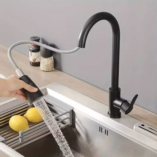 FORIOUS Matt Black Stainless Steel Single Lever Kitchen Sink Mixer Tap with Pull Out Spray Swivel Spout