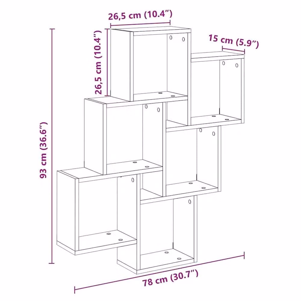 Berkfield Home Wall Cube Shelf in Old Wood Brown, W/D/H: 78 x 15 x 93 cm – 4