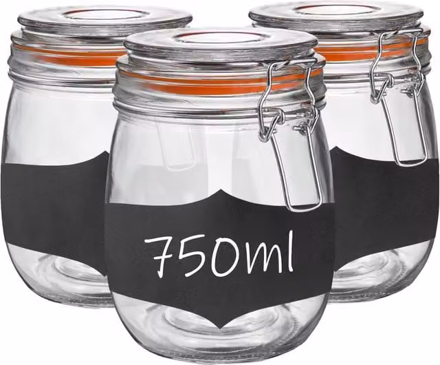Argon Tableware Set of 6 Transparent Glass Storage Jars with Orange Silicone Seal and Stainless Steel Clip Lids, 0.75 l each
