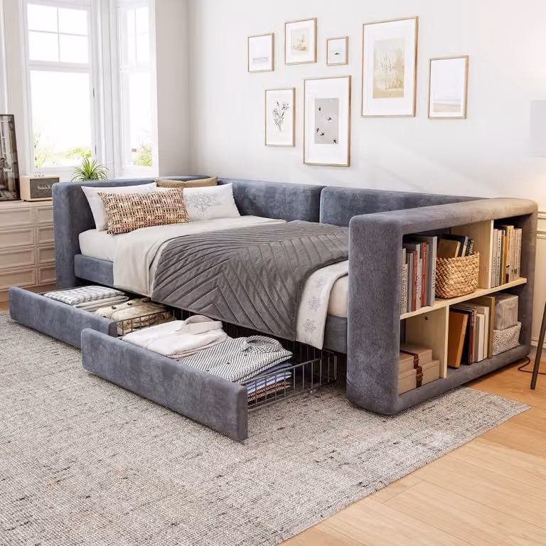 BTM Grey Velvet Upholstered Daybed with 2 Drawers, W/D/H: 190 x 90 x 74.5 cm