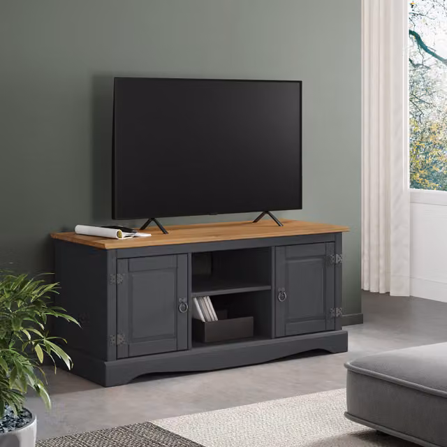 Mercers Furniture Corona 2 Door Flat Screen Media TV Unit in Grey Waxed Solid Pine, W/D/H: 115 x 40 x 52 cm