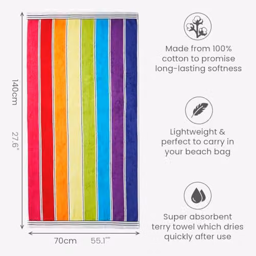 Allure Bath Fashions Rainbow Striped Cotton Beach Towel, Multicolour, W/H: 70 x 140 cm – 3