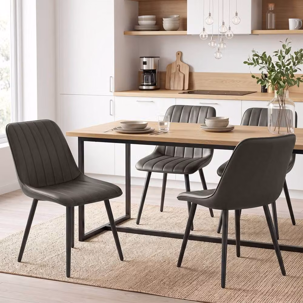 HOMCOM Set of 2 Modern Faux Leather Upholstered Kitchen and Dining Chairs with Metal Legs, Grey – 2