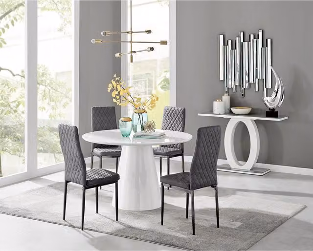 FurnitureboxUK Palma White High Gloss Round Dining Table and 4 Grey Velvet Milan Chairs with Black Legs